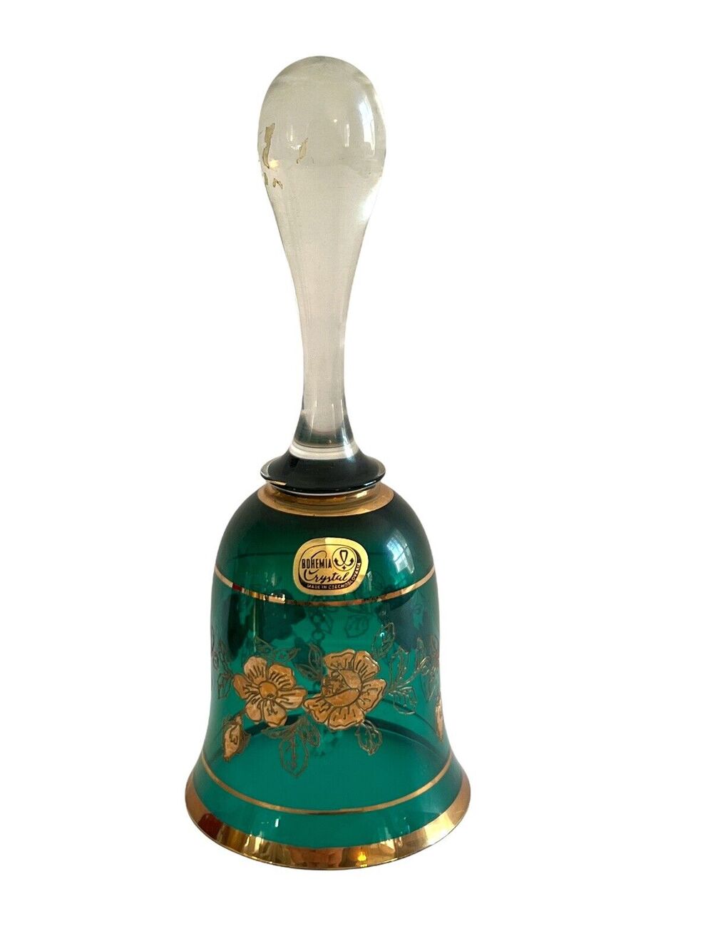 Bohemian Emerald Green Gold Gilt Czech Crystal Glass Hand Dinner Bell Floral